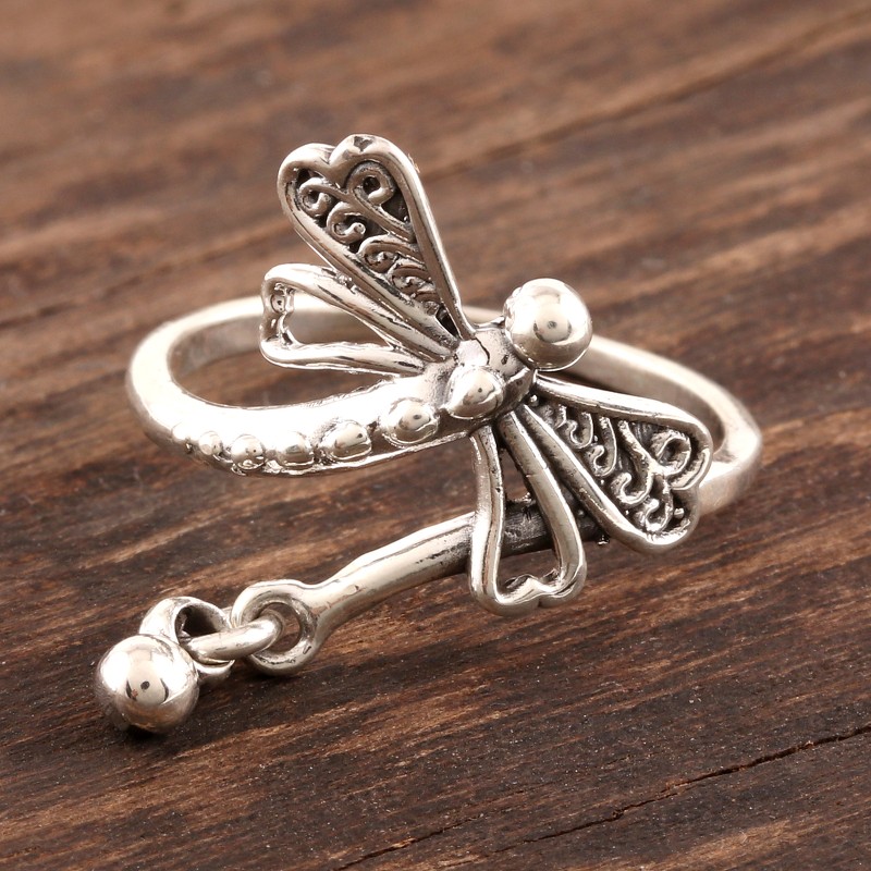 Sterling Silver Dragonfly Cocktail Ring from India, "Dragonfly Fantasy"