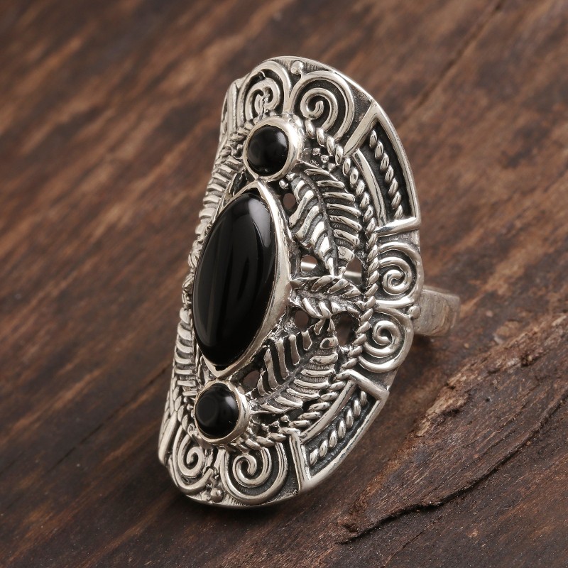 Leaf-Pattern Onyx Cocktail Ring from India, "Leaves of Midnight"