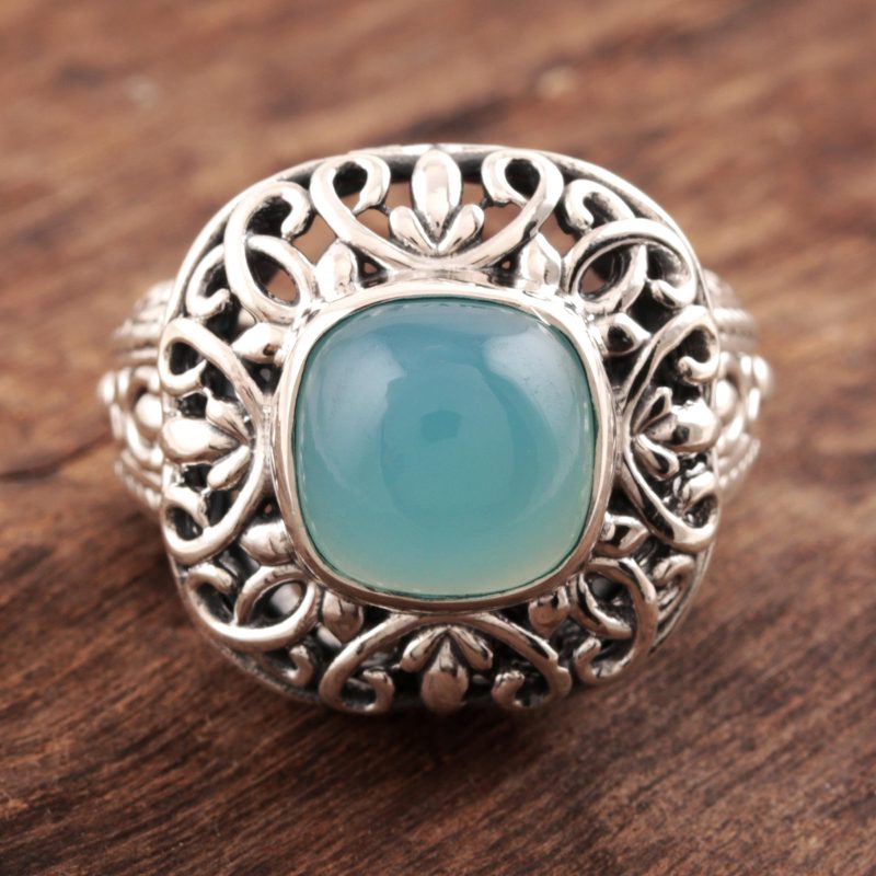 Patterned Blue Chalcedony Cocktail Ring from India, "Fascinating Princess"