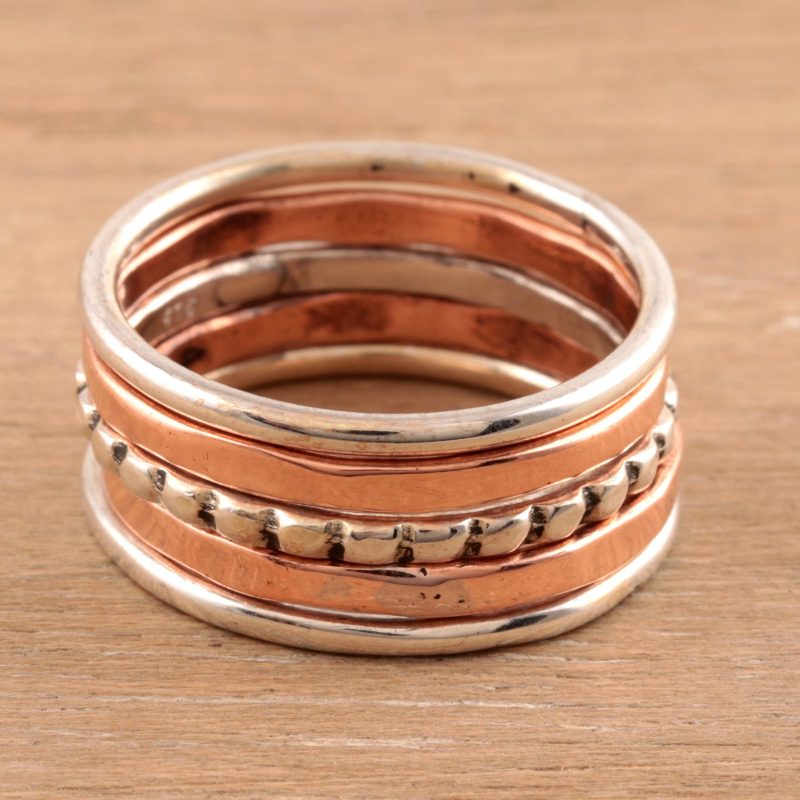 Sterling Silver and Copper Stacking Rings (Set of 5), "Elegant Five"