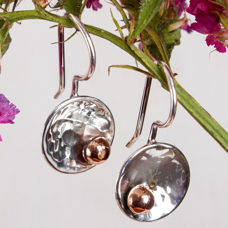 Abstract Taxco Sterling Silver and Copper Drop Earrings, "Celestial Center"