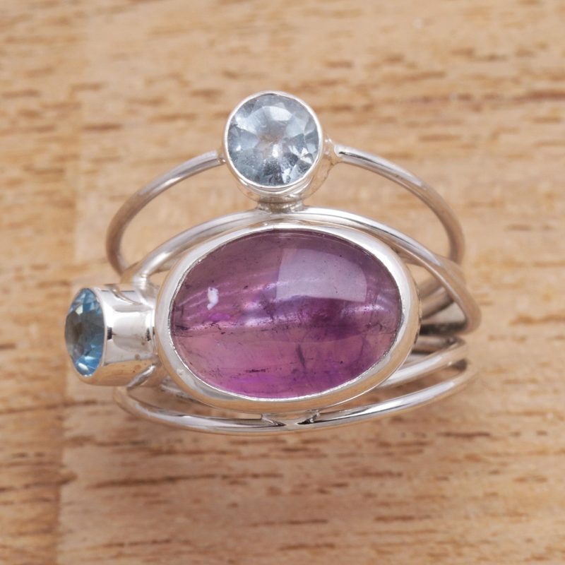 Amethyst and Blue Topaz Cocktail Ring from Bali, "Beautiful Accompaniment"