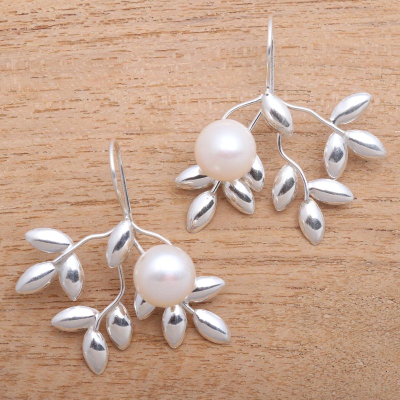 Leafy Cultured Pearl Drop Earrings from Bali, "Ripe"