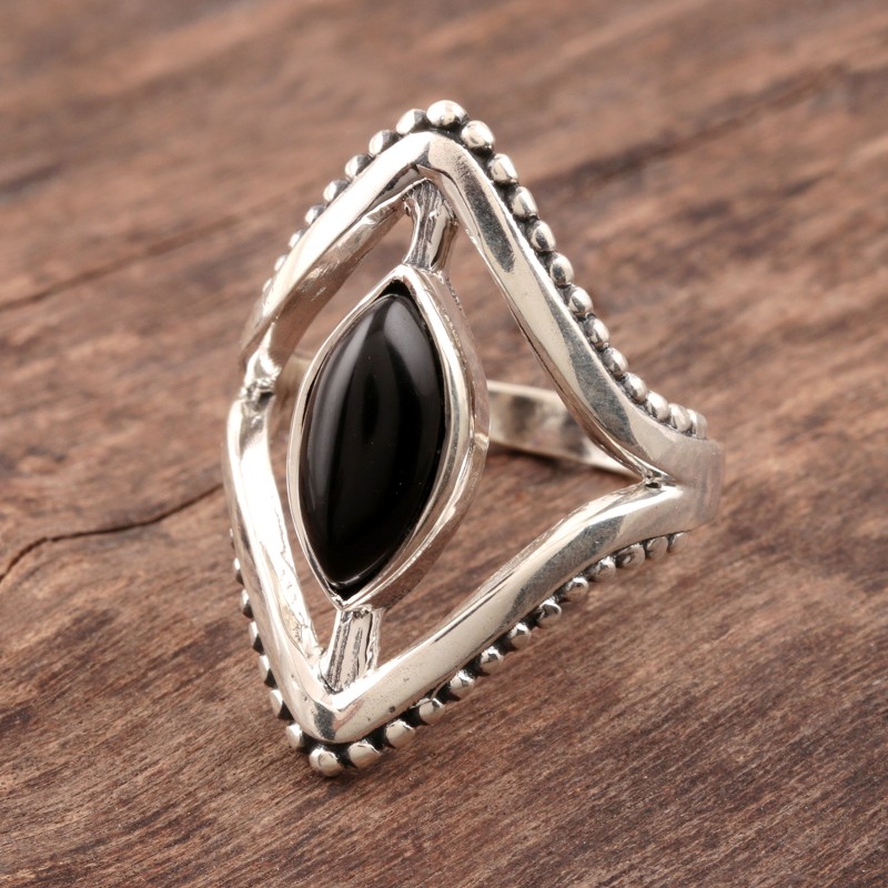 Marquise Onyx Cocktail Ring Crafted in India, "Magical Kite"
