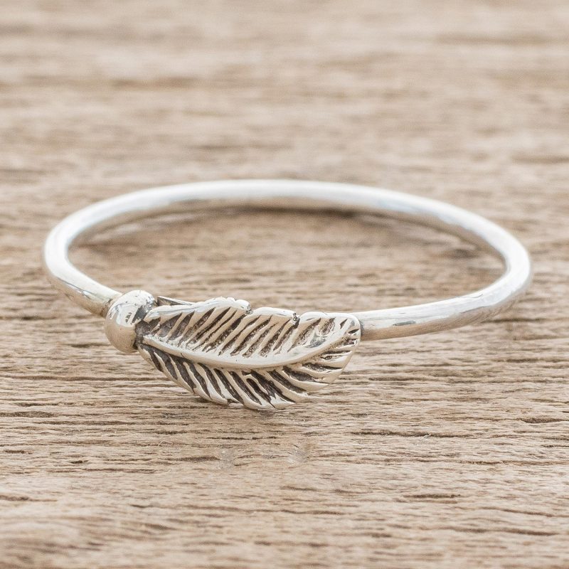 Slender Sterling Silver Band Ring with Feather, "Fallen Feather"