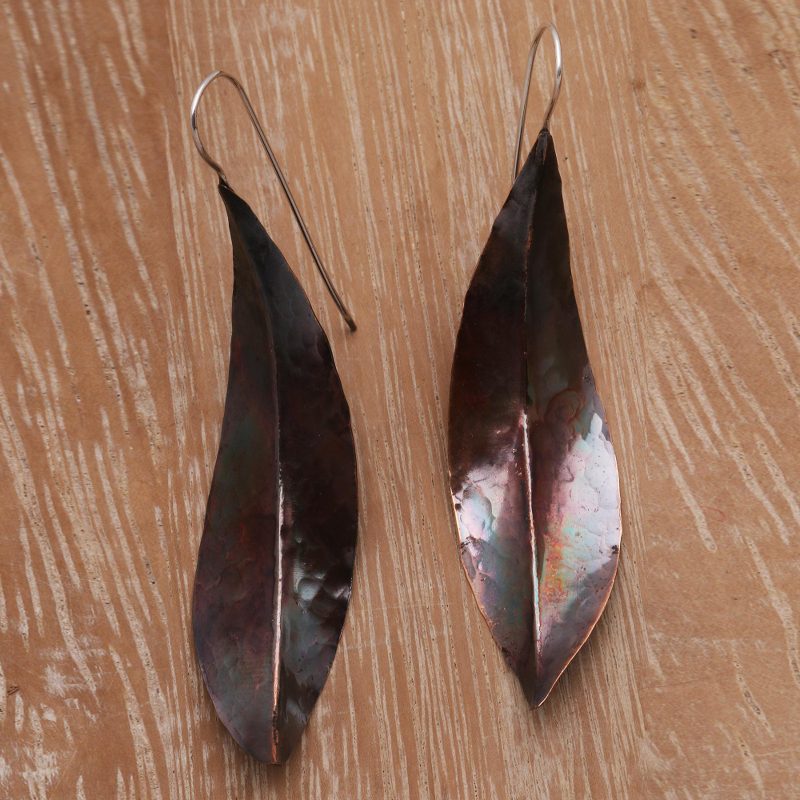 Leaf-Shaped Modern Drop Earrings in Copper from Bali, "Antique Leaves"