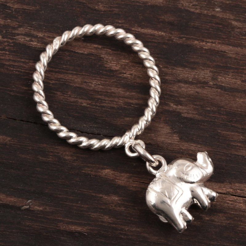 Sterling Silver Band Ring with Elephant Charm from India, "Elephant Rope"