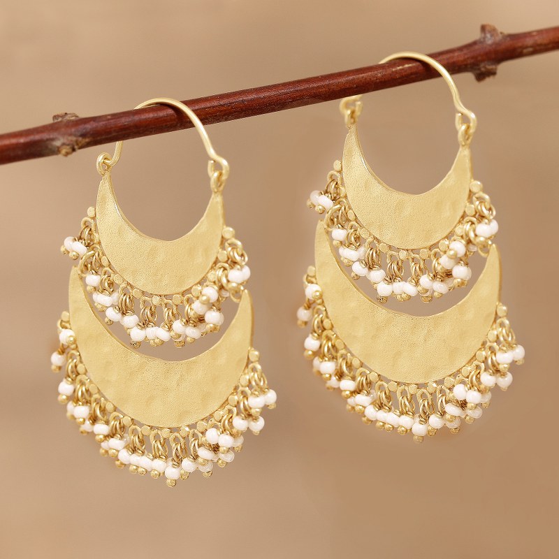 22K Gold Plated Crescents Hoop Earrings with Cultured Pearls, "Magnificent Crescents"