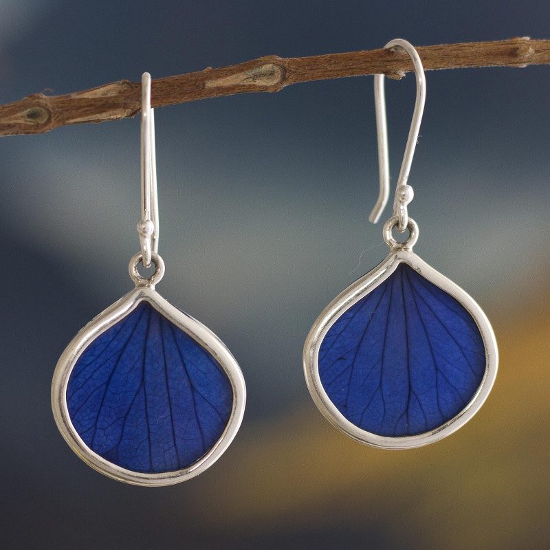 Andean Handmade Sterling Silver Blue Leaf Earrings, "Blue Leaf Drops"