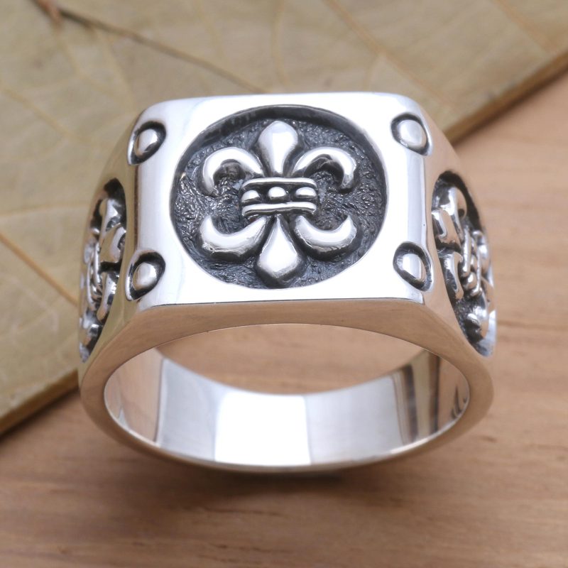 Men's Sterling SIlver Fleur-de-Lis Signet Ring, "Ancient Emblem"
