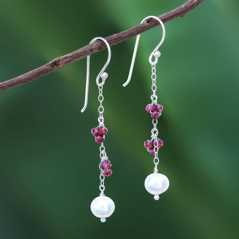 Long Sterling Silver Garnet and Pearl Earrings, "Sweet Essence"