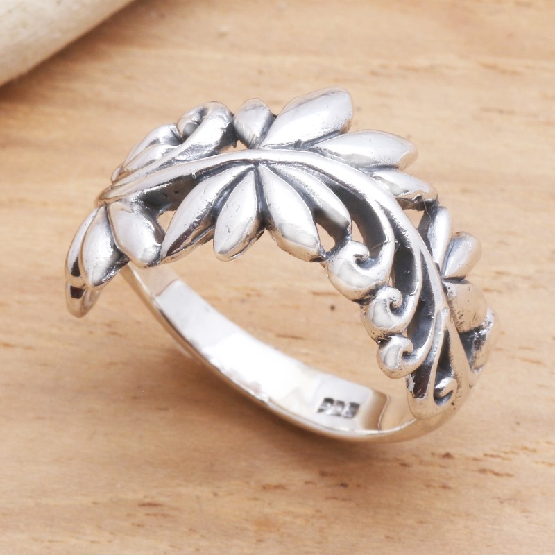 Leafy Vine Sterling Silver Band Ring from Bali, "Flourishing Flora"