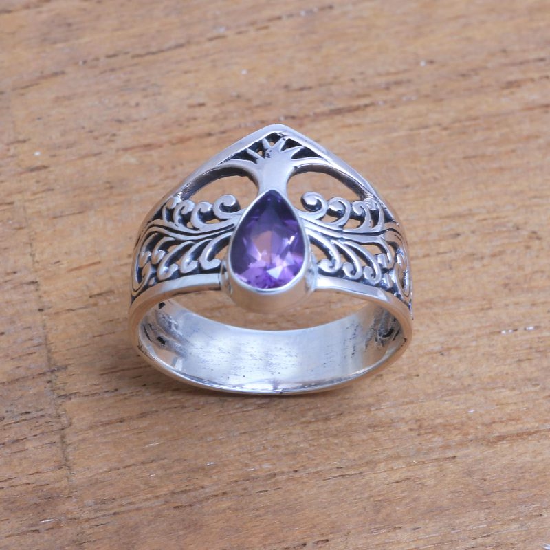 Amethyst and Sterling Silver Cocktail Ring with Tree Motif, "Enchanting Tree"