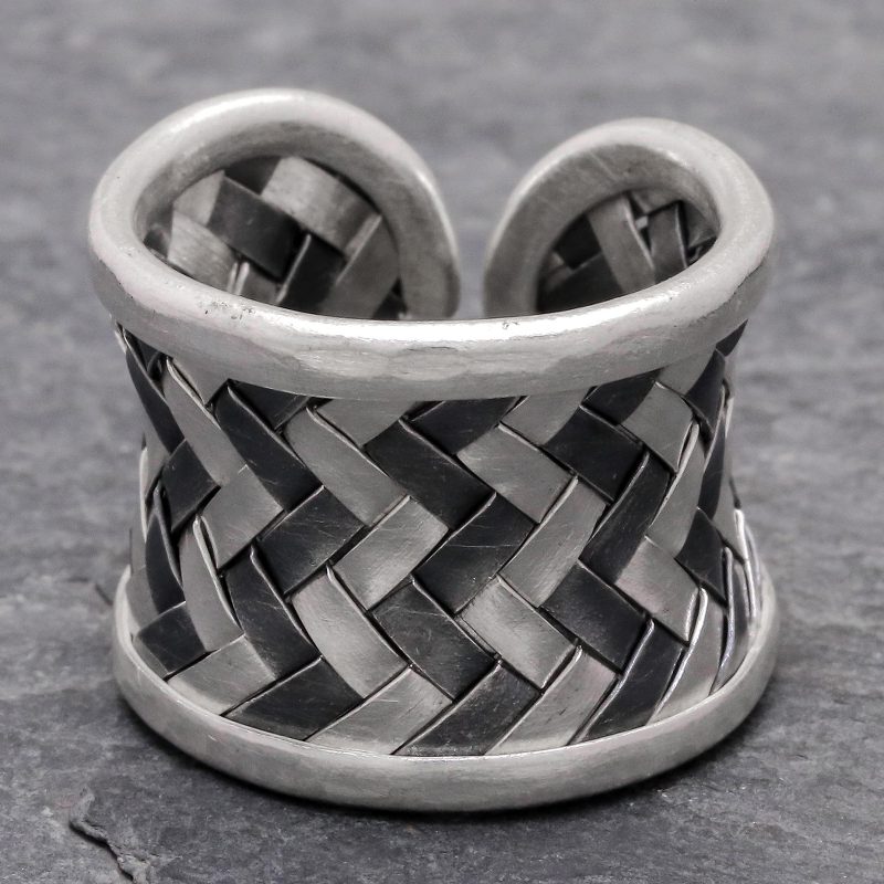 Matte and Oxidized Woven Silver Band Ring, "Dark Path"