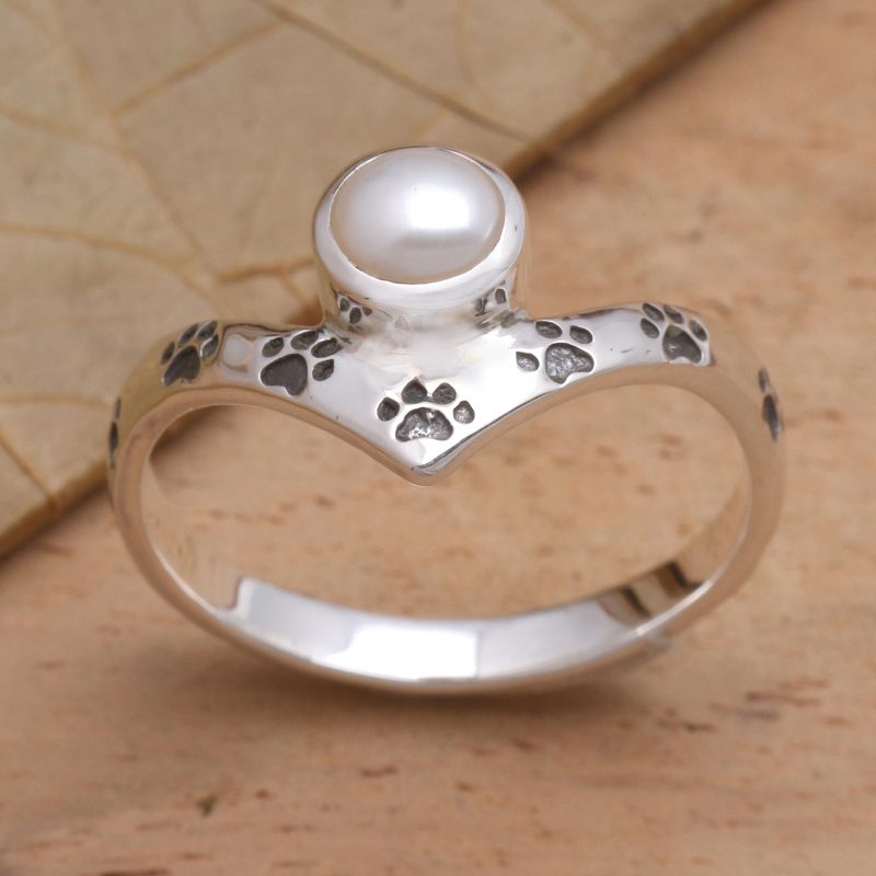 Sterling Silver Freshwater Pearl Pawprint Ring, "Pawprints on My Heart"