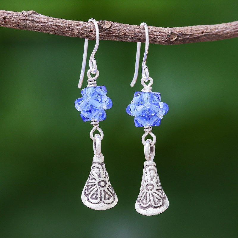 Stamped Hill Tribe Silver Earrings with Blue Beads, "Karen Sparkle in Azure"