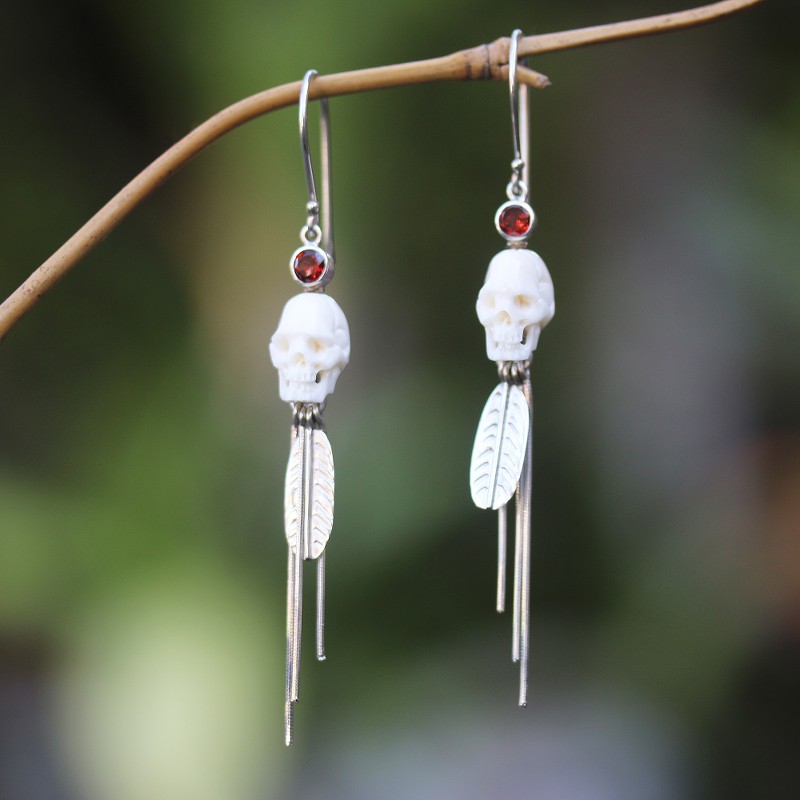 Long Garnet Dangle Earrings with Skull Motif, "Skull Talisman"