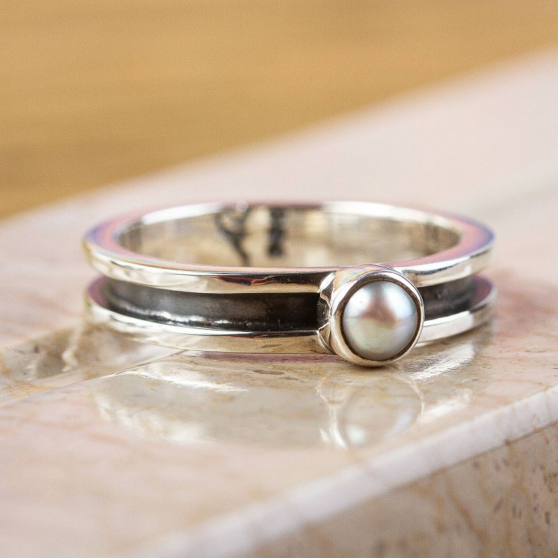 Modern 950 Silver and Cultured Pearl Band Ring, "Modern Magic"