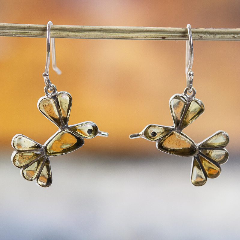 Amber Bird Dangle Earrings from Mexico, "Golden Wren"