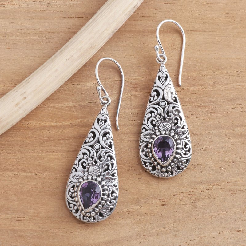 Amethyst and Sterling Silver Dangle Earrings, "Native Charm"