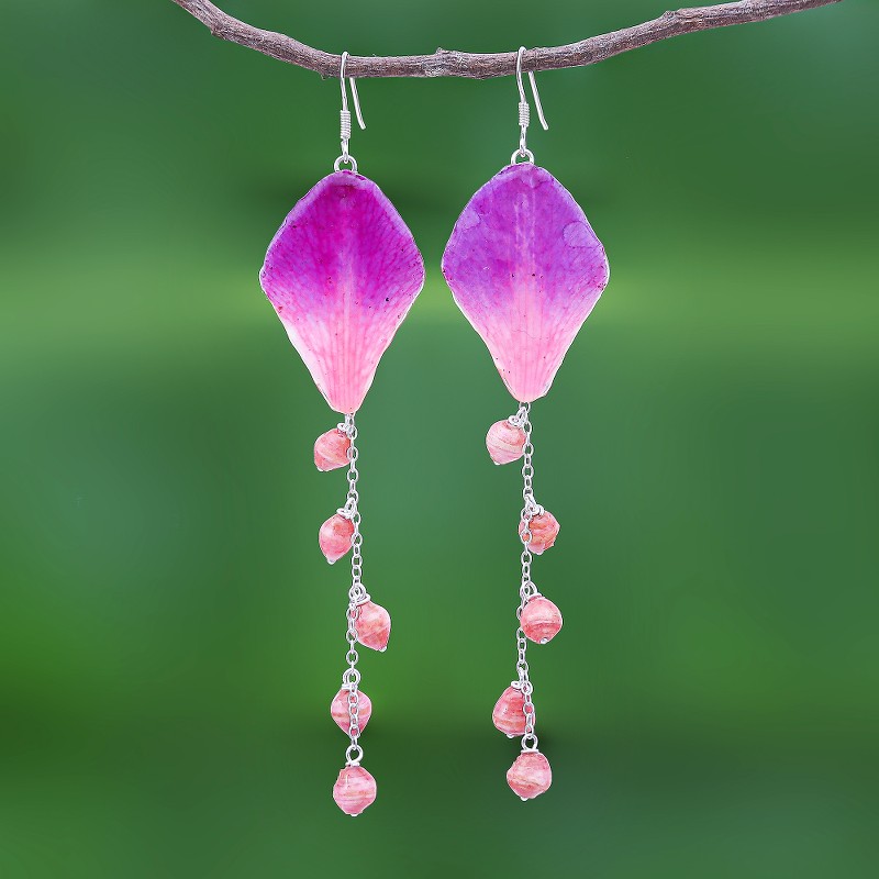 Pink Natural Flower Petal Earrings from Thailand, "Orchid Kite in Pink"
