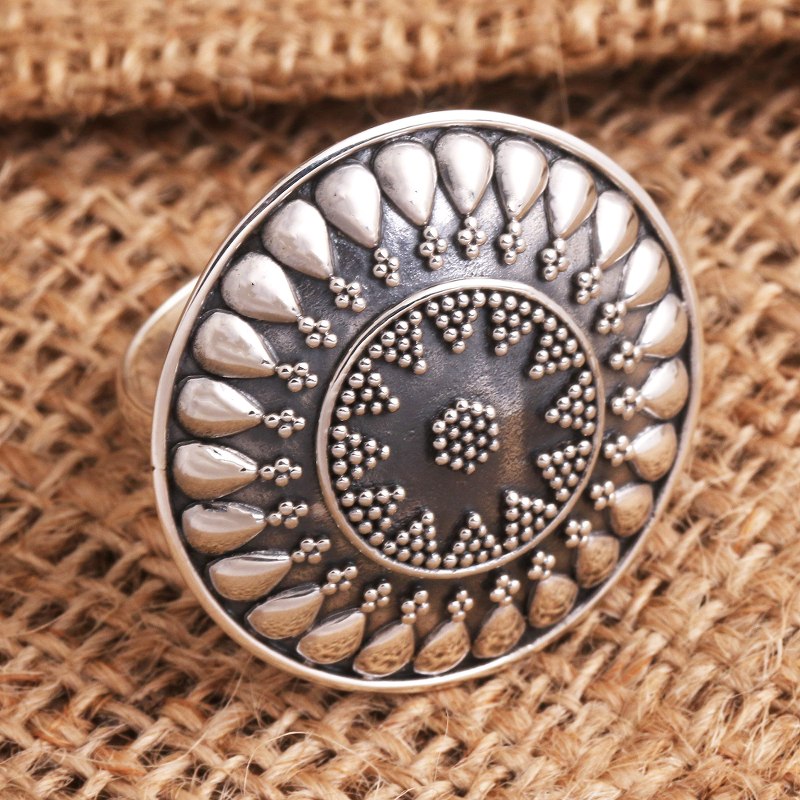 Oxidized Sterling Silver Sun Cocktail Ring, "Solar Flair"