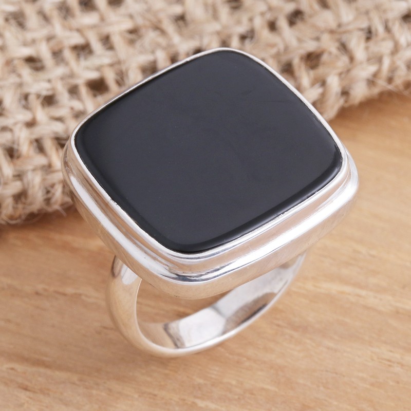 Square Black Onyx Cabochon Sterling Silver Cocktail Ring, "Black Tablet"