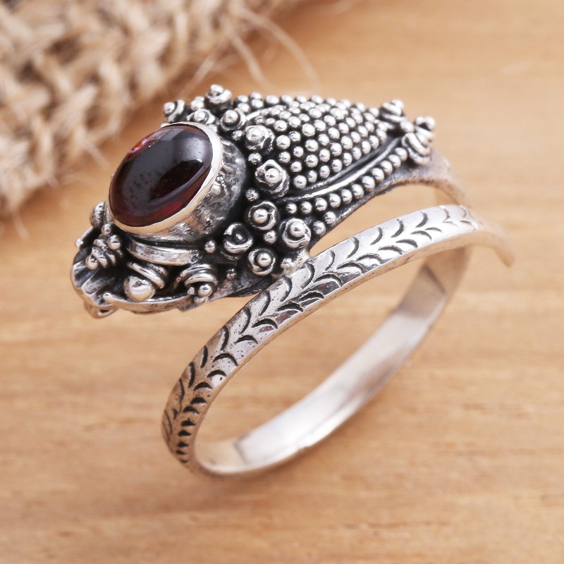 Wrap Snake Ring with Garnet Cabochon Sterling Silver, "Ready to Strike"