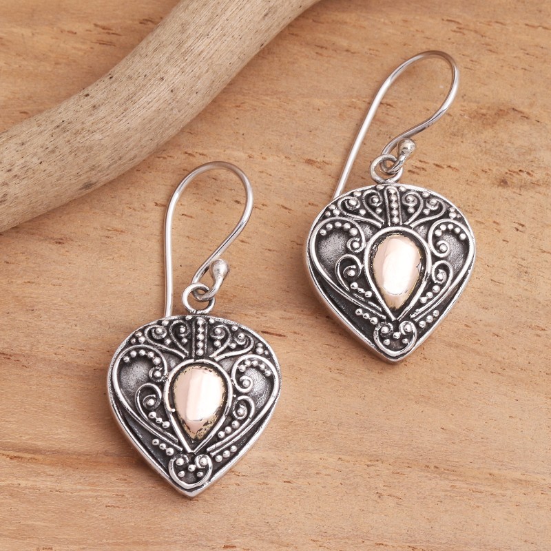 Oxidized Sterling Silver Earrings with Gold Plated Detail, "Sukawati's Love"