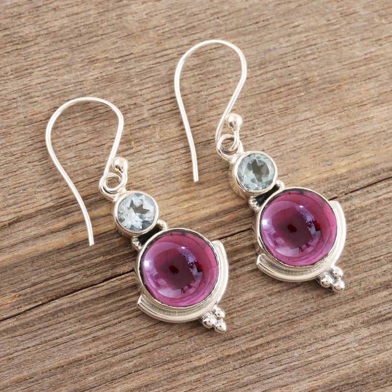Sterling Silver Garnet and Blue Topaz Dangle Earrings, "Harmony Delight"