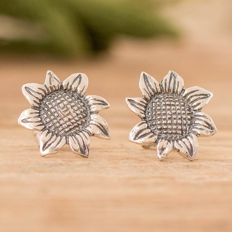 Oxidized Sterling Silver Sunflower Earrings from Guatemala, "Vintage Sunflower"