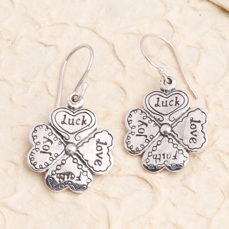 Luck Themed Sterling Silver Dangle Earrings, "Leaves of Luck"