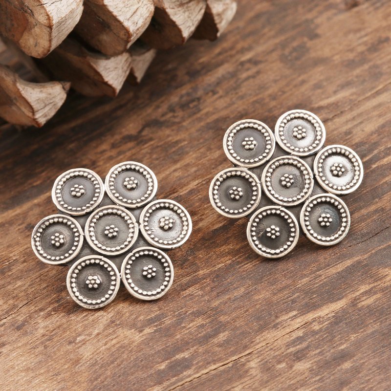 Sterling Silver Button Earrings Modern Flower, "Modern Flower"