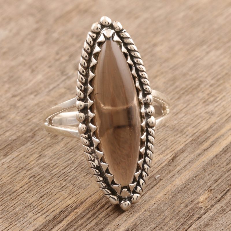 Marquise Bezel Set Smoky Quartz Cabochon Cocktail Ring, "Richly Royal"