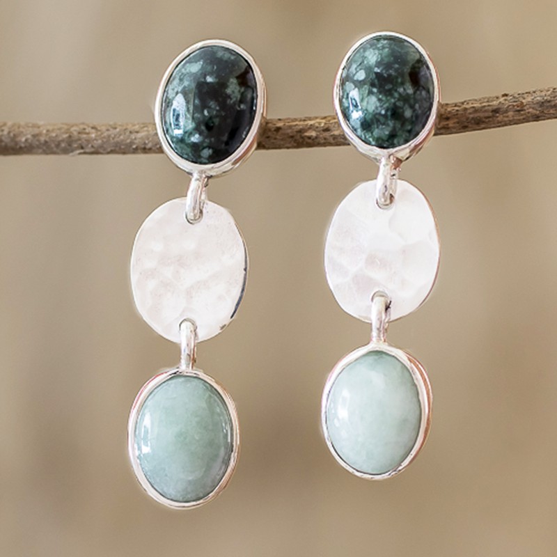 Light and Dark Green Jade Earrings, "Maya Mystery"