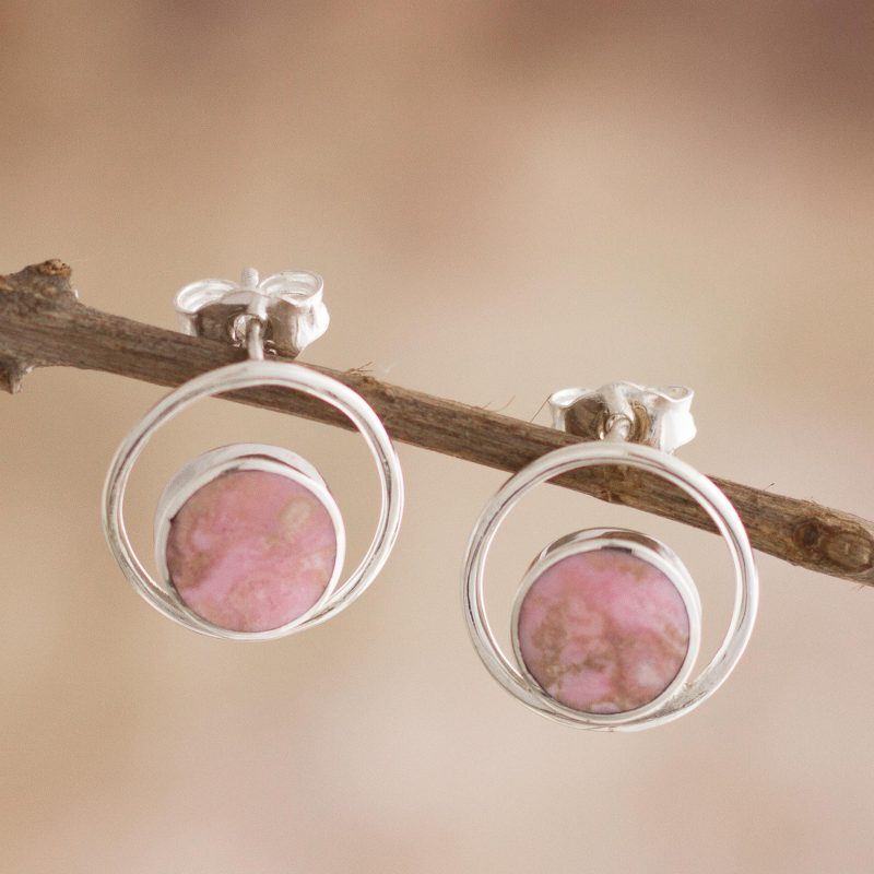 Rhodonite and Sterling Silver Drop Earrings from Peru, "In the Loop"