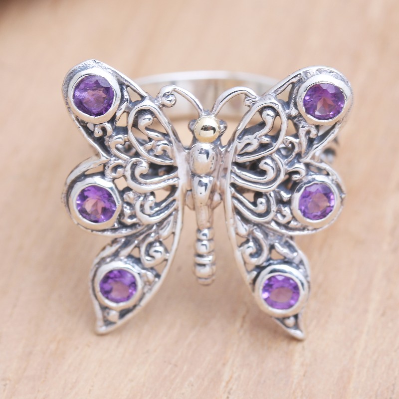 Amethyst and Sterling Silver Butterfly Cocktail Ring, "Purple Monarch"