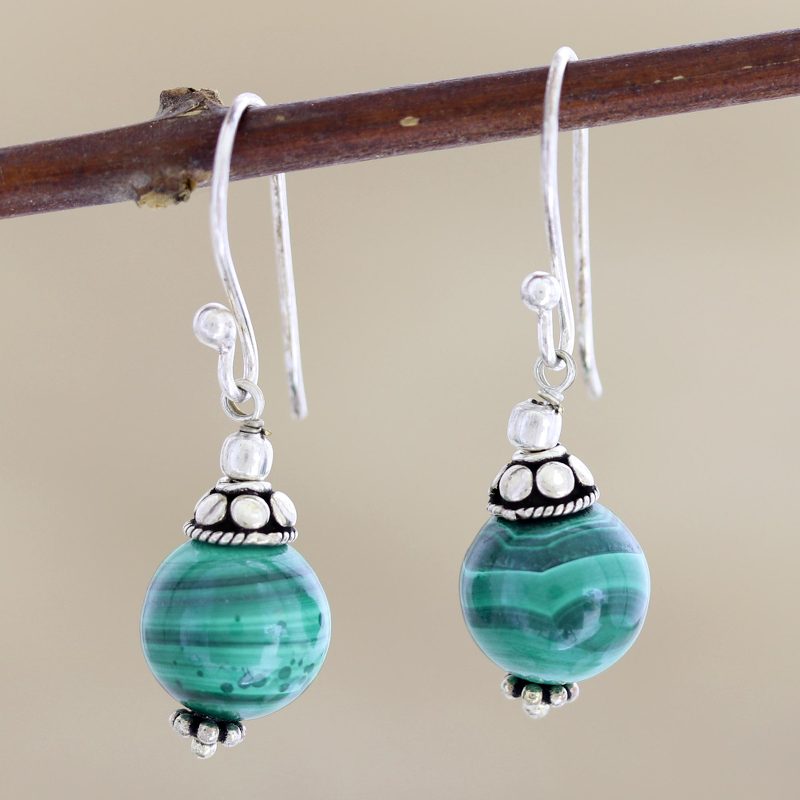 Malachite and Sterling Silver Dangle Earrings from India, "Planetary Traveler"