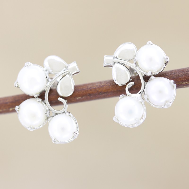 Rhodium-Plated Sterling Silver Cultured Pearl Drop Earrings, "Sea Trio"