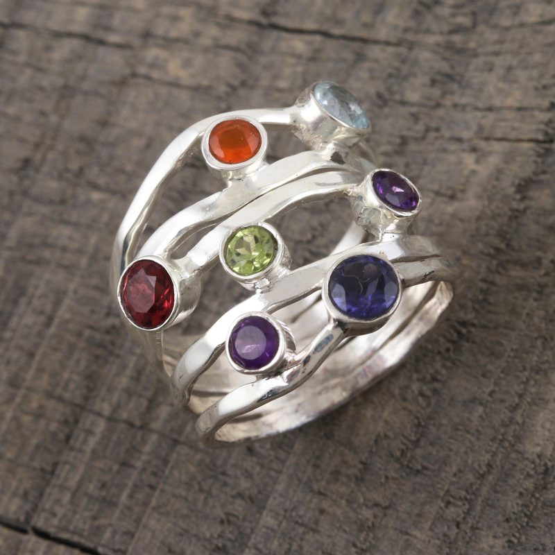 Amethyst and Blue Topaz Multi-Gem Band Ring, "Rainbow Water"