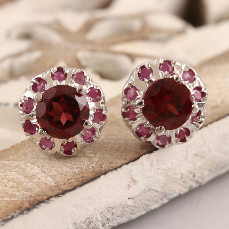 Rhodium-Plated Ruby and Garnet Stud Earrings, "True Harmony"