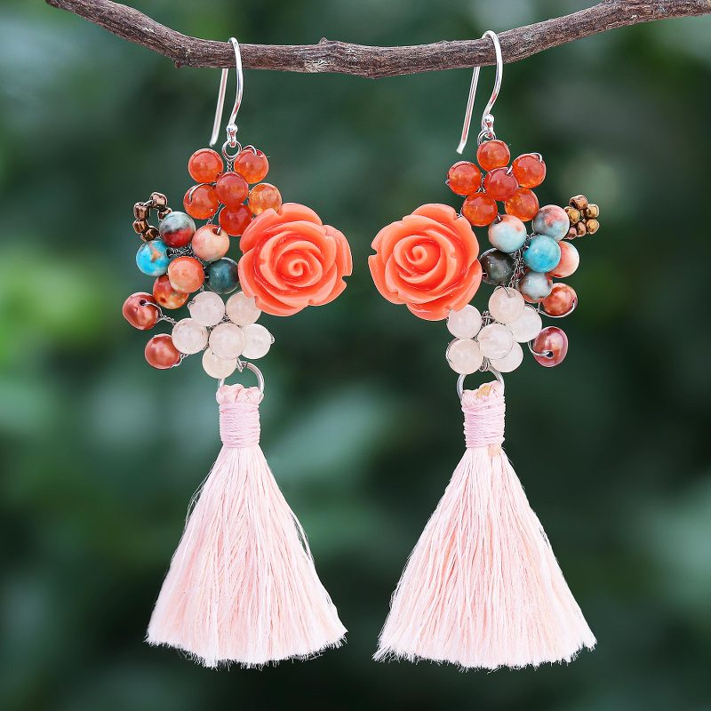 Agate and Cultured Freshwater Pearl Dangle Earrings, "Candy Bouquet in Orange"