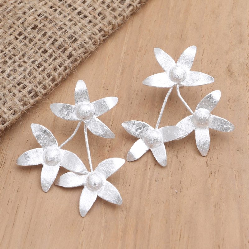 Sterling Silver Floral Drop Earrings, "White Star Flower"