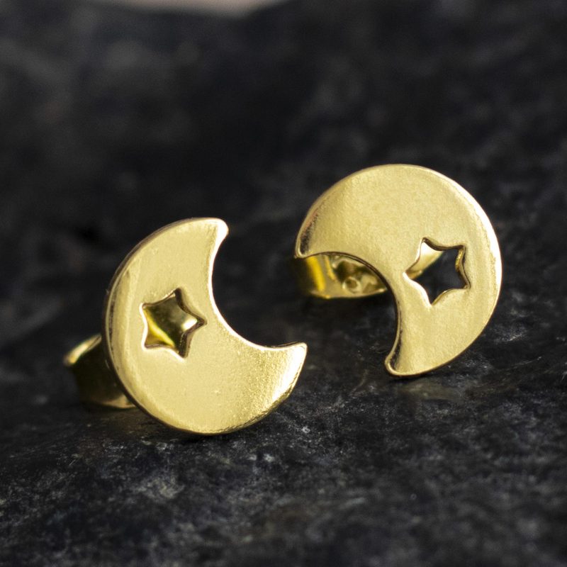 18k Gold-plated Silver Star and Moon Stud Earrings from Peru, "Glowing Night"