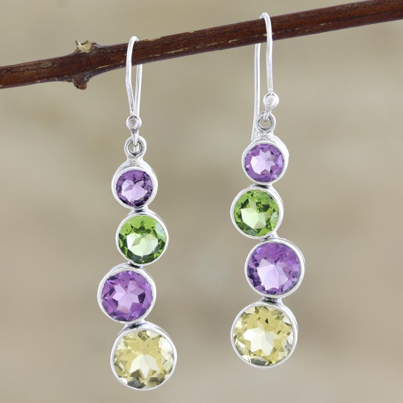 Amethyst and Peridot Dangle Earrings, "Three Friends"