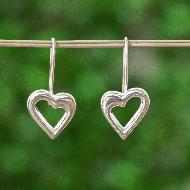 925 Sterling Silver Curved Heart Drop Earrings from Mexico, "Heart Waves"