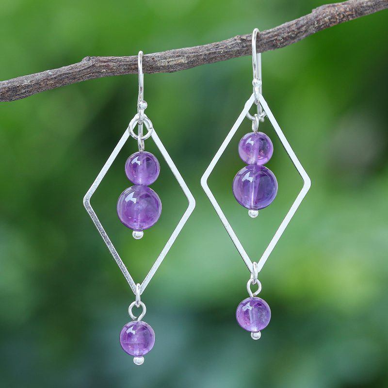Amethyst and Sterling Silver Dangle Earrings, "Violet Star"