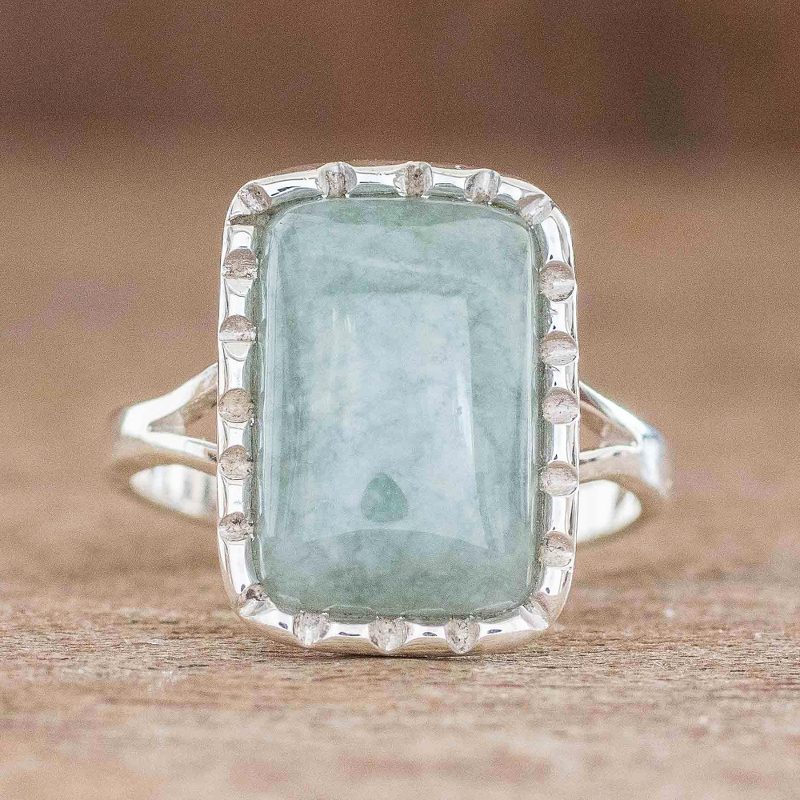 Square Cut Apple Green Jade Cocktail Ring from Guatemala, "Subtle in Apple Green"