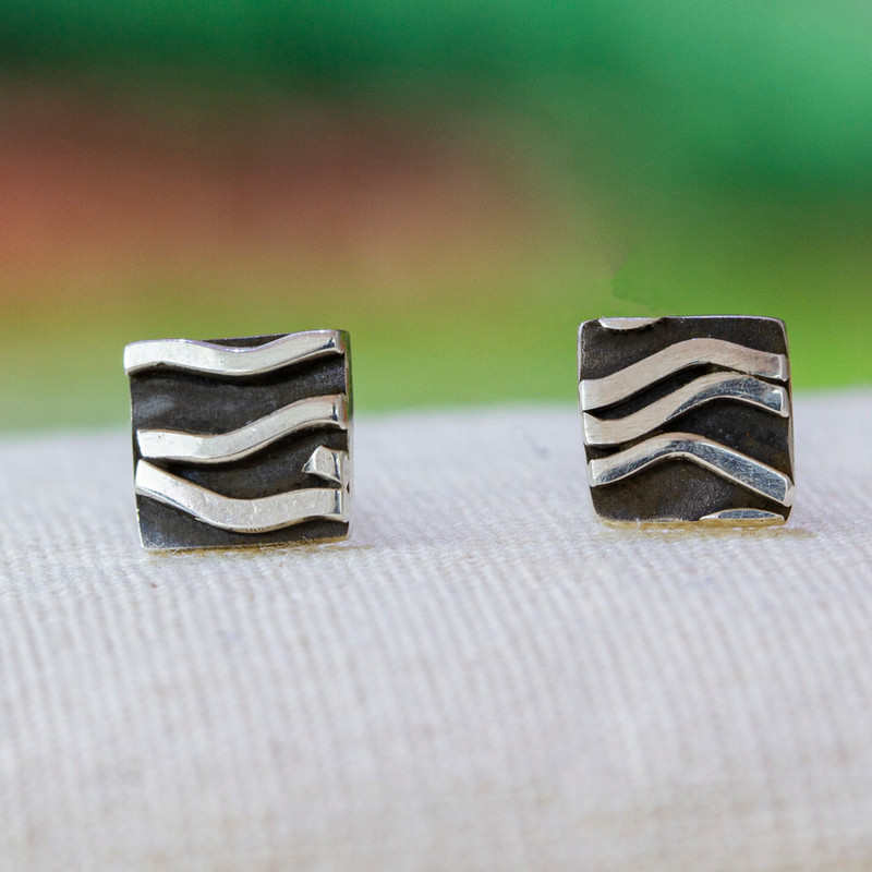 Patterned Taxco Silver Square Stud Earrings from Mexico, "Curvilinear"