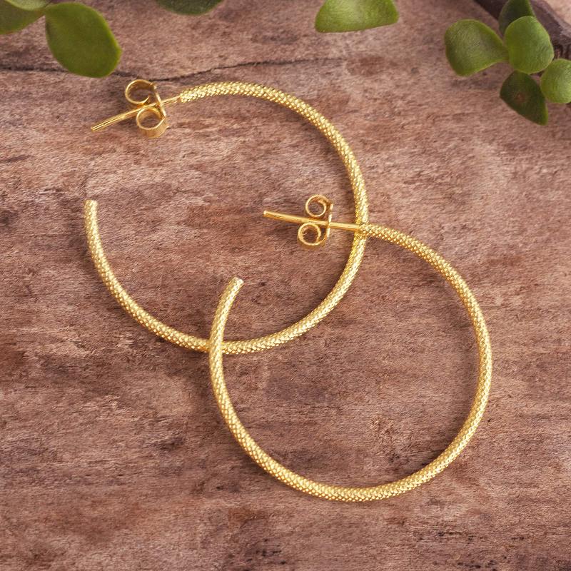 18k Gold Plated Silver Half-Hoop Earrings from Peru, "Diamond Bright"